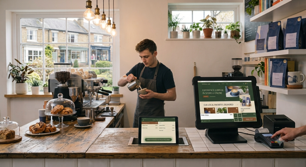 Imagen de una cafetería con un barista, se observa el diseño de la página web