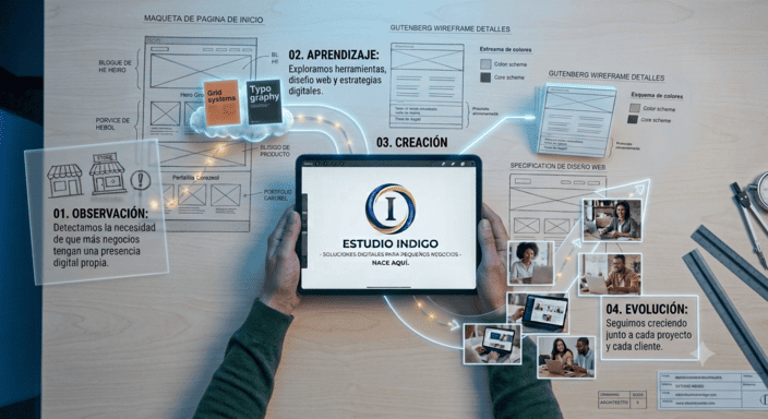 Línea del tiempo que muestra el origen y evolución de Estudio Indigo como estudio de diseño web para negocios.
