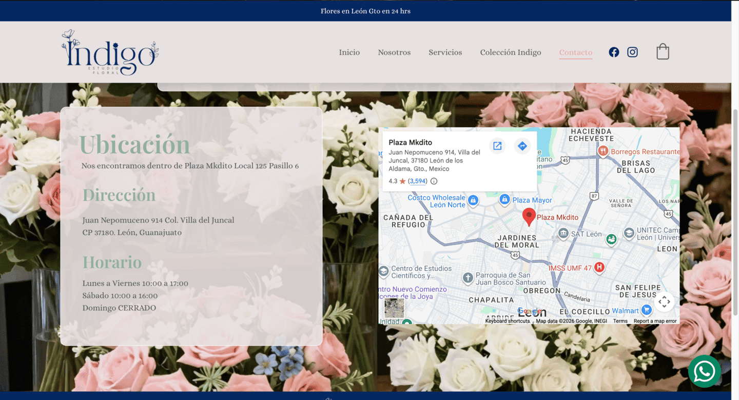 Captura de pantalla del sitio web florería Indigo en león Guanajuato