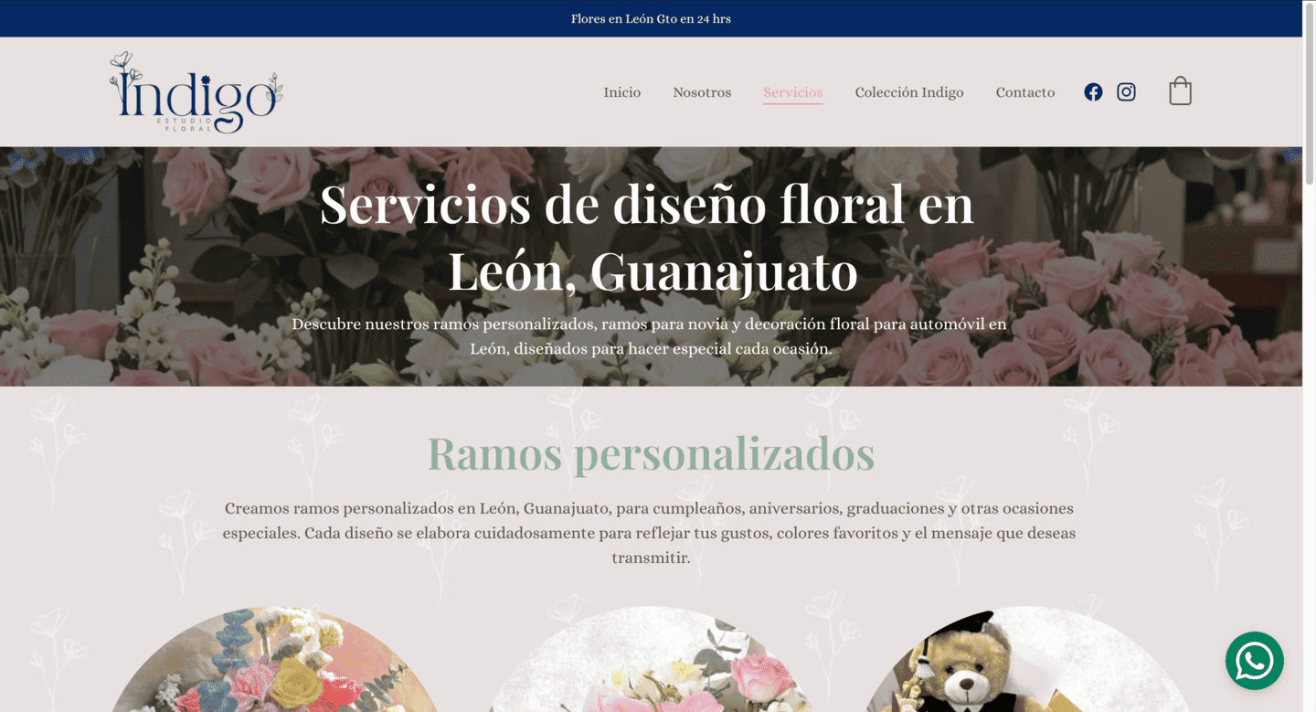 Captura de pantalla del sitio web florería indigo en león guanajuato