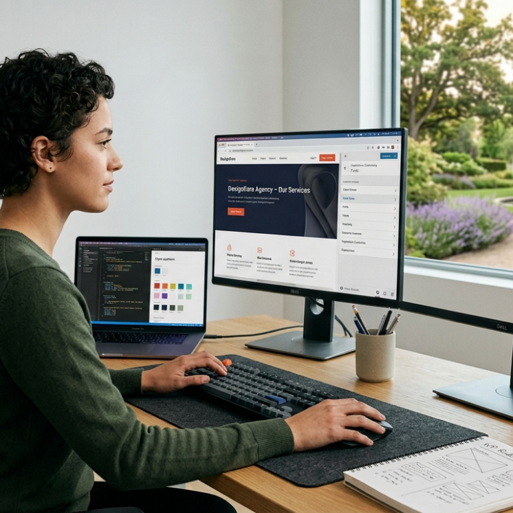 Diseñadora de páginas web trabajando en la computadora